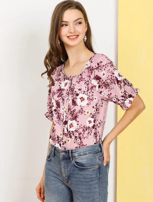 Ruffle Short Sleeve Button Front Floral Blouse Tops sold by Allegra K