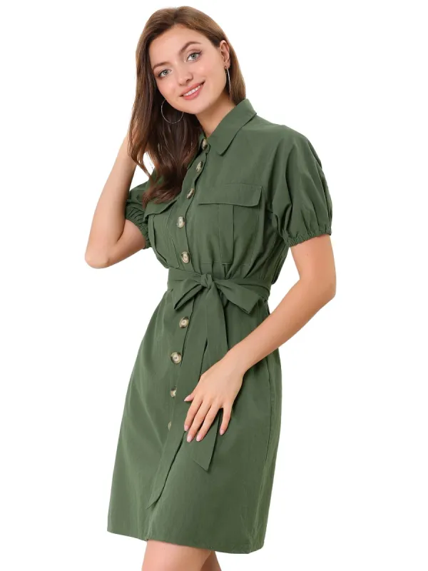 Women's Safari Dress Collared Button Down Cotton Belted Shirtdress sold by Allegra K