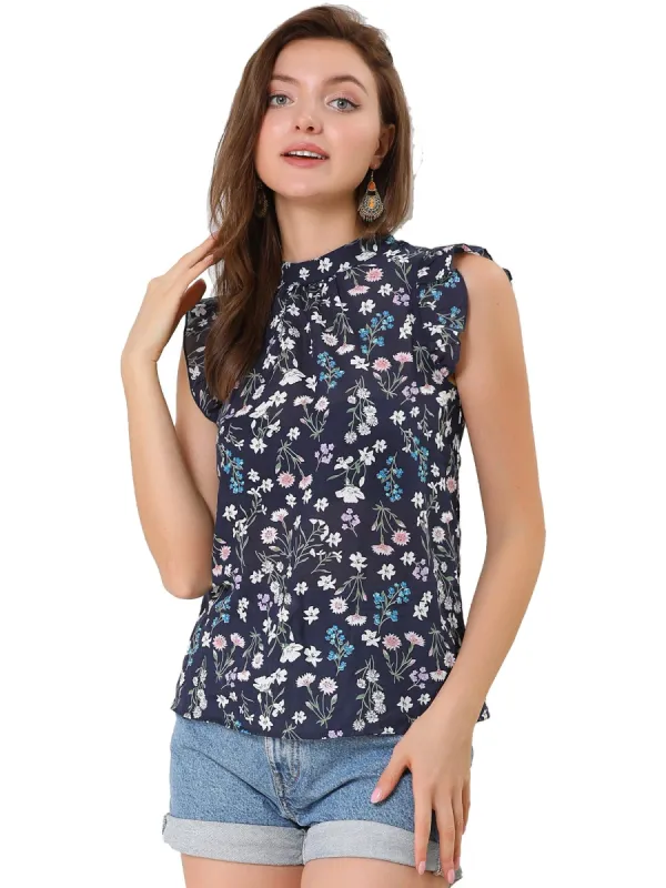 Women's Floral Sleeveless Blouses Stand Collar Summer Ruffle Tops sold by Allegra K