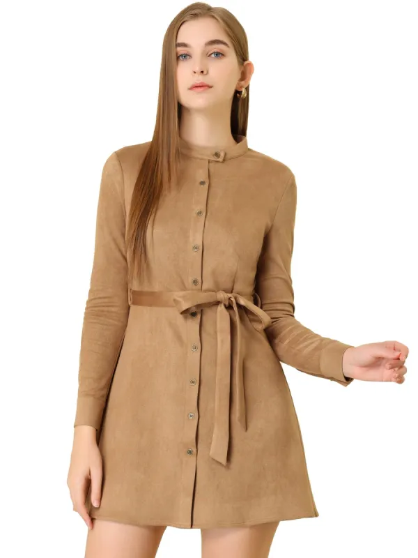 Women's Long Sleeve Casual Faux Suede Belted Elegant Button Down Mini Dress sold by Allegra K
