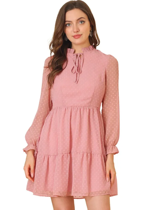 Women's Ruffle Tie Neck Mini Tiered Swiss Dots Babydoll Dress made by Allegra K