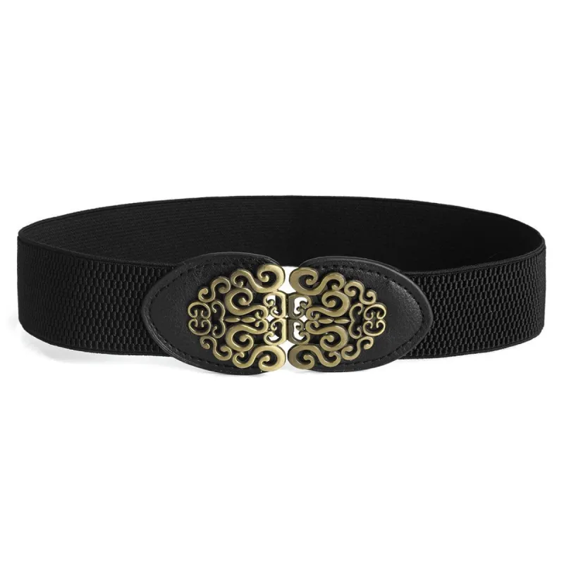 Women Gold Tone Flower Design Metal Interlocking Buckle Elastic Cinch Belt Waistbelt sold by Allegra K