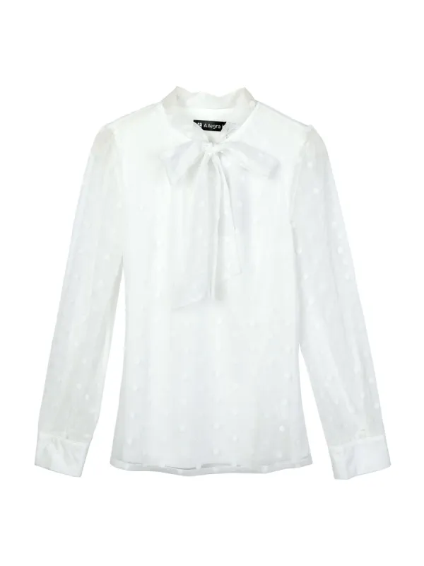 Women's Tie Neck Polka Dots Semi Sheer Long Sleeve Blouse sold by Allegra K