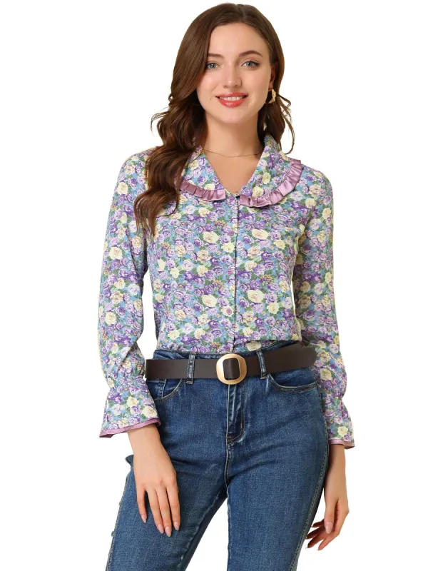 Women's Peter Pan Collar Blouse Floral Contrast Trim Button Front Long Sleeve Chiffon Shirt Top sold by Allegra K