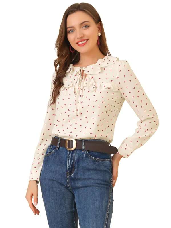 Women's Tie Ruffle Neck Blouse Heart Print Vintage Long Sleeve Top sold by Allegra K