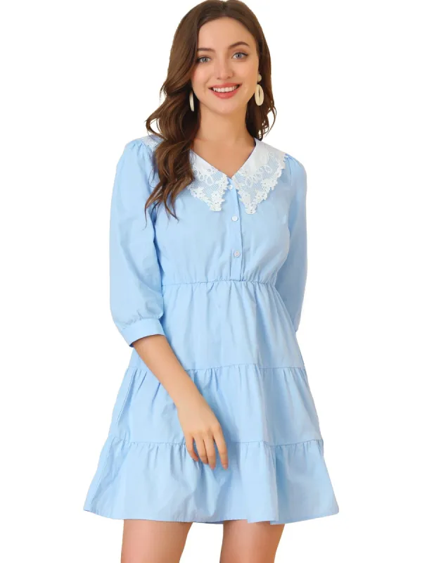 Women's Contrast Collar Dresses 3/4 Sleeve Half Placket V Neck Cotton Dresses sold by Allegra K