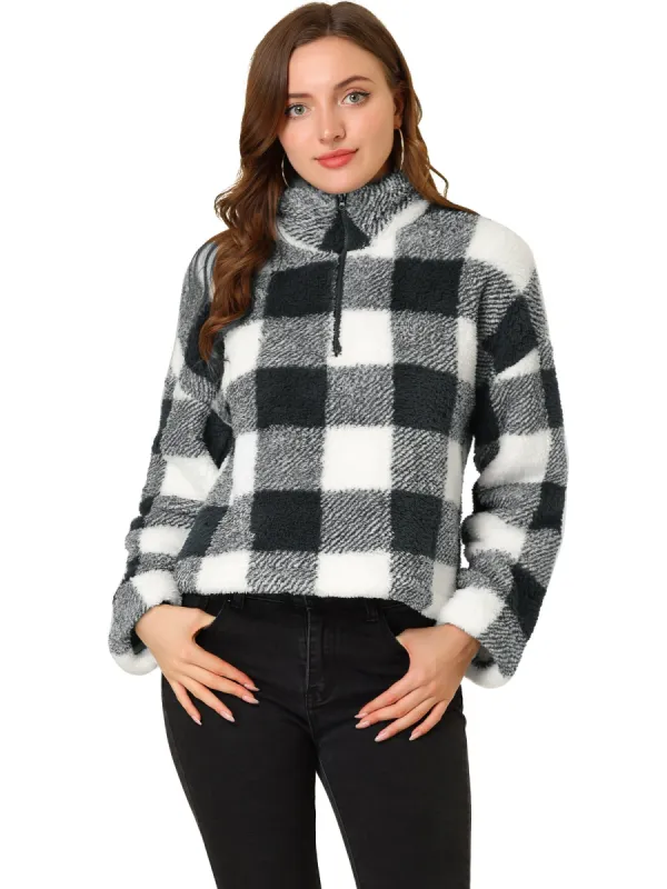 Women's Plaid Fuzzy Zipper Casual Long Sleeve Sherpa Sweatshirt Pullover sold by Allegra K