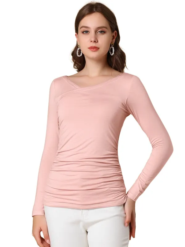 Women's 3/4 Sleeve Ruched V Neck Casual Solid Top Blouse made by Allegra K