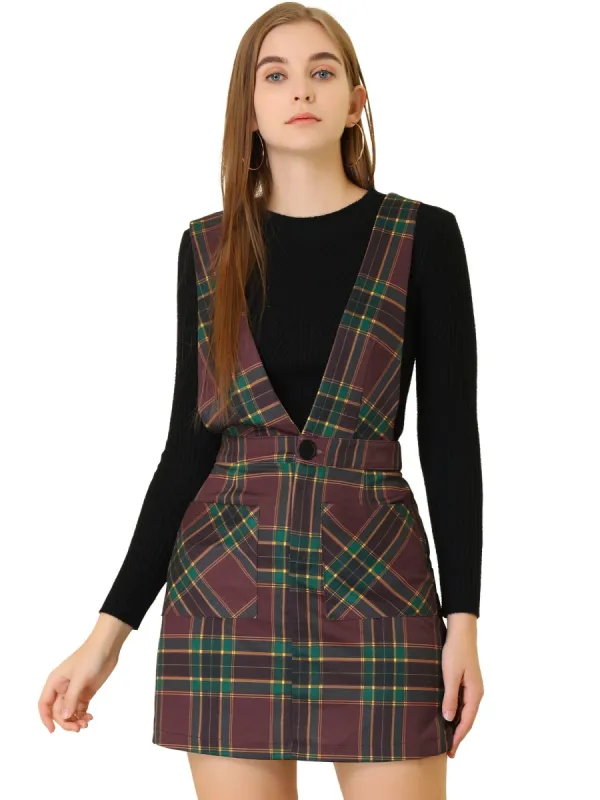 Women's Button Front V Neck Mini Plaid Tweed Bib Overall Pinafore Dress sold by Allegra K