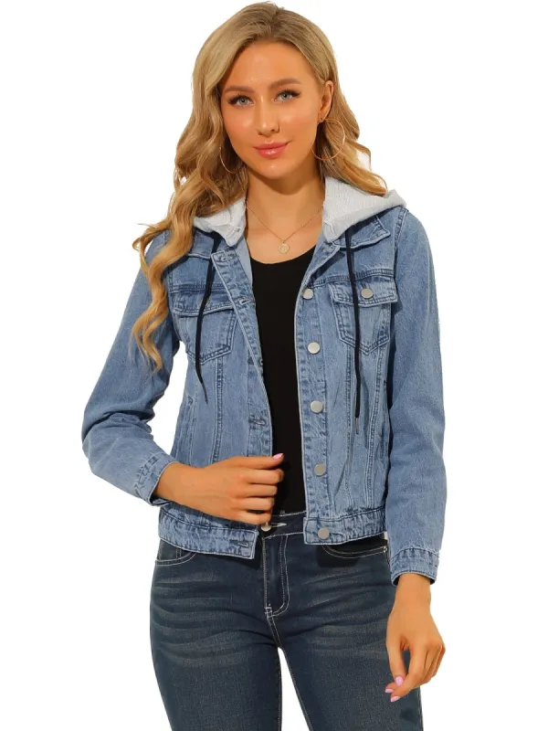 Women's Removable Hood Jean Jacket Button Up Layered Drawstring Denim Jackets sold by Allegra K