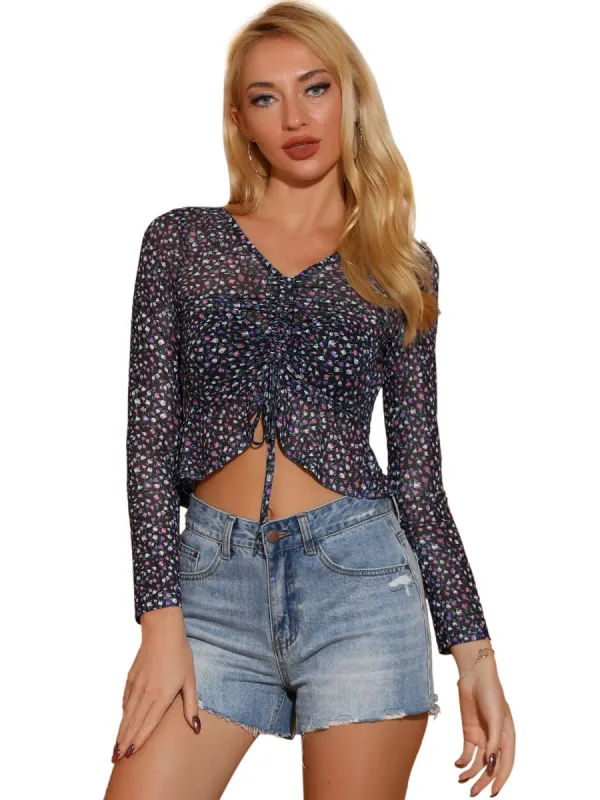 Women's Floral Blouse Sheer Ruched Crop Top sold by Allegra K