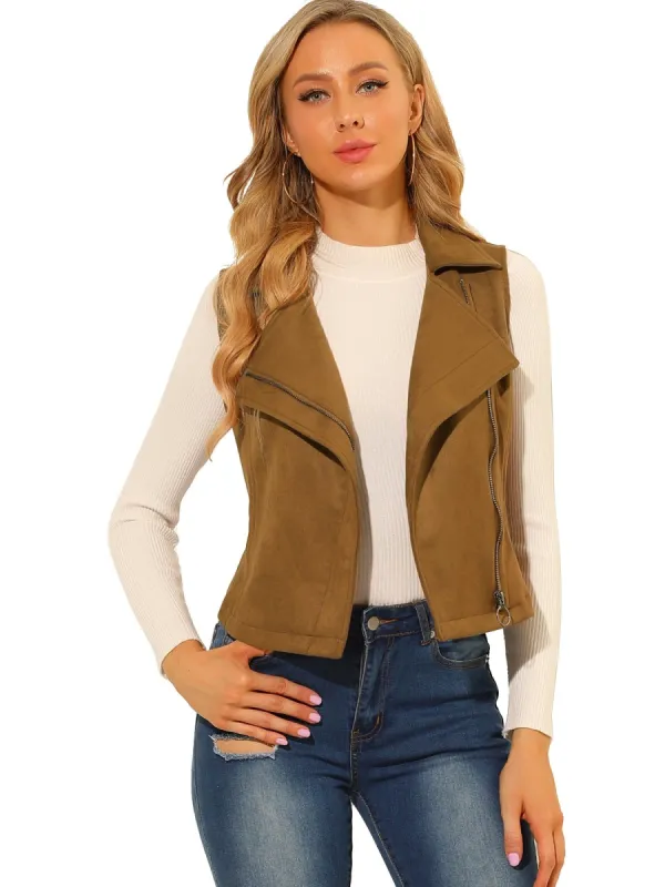 Women's Faux Suede Vest Casual Sleeveless Biker Jacket sold by Allegra K