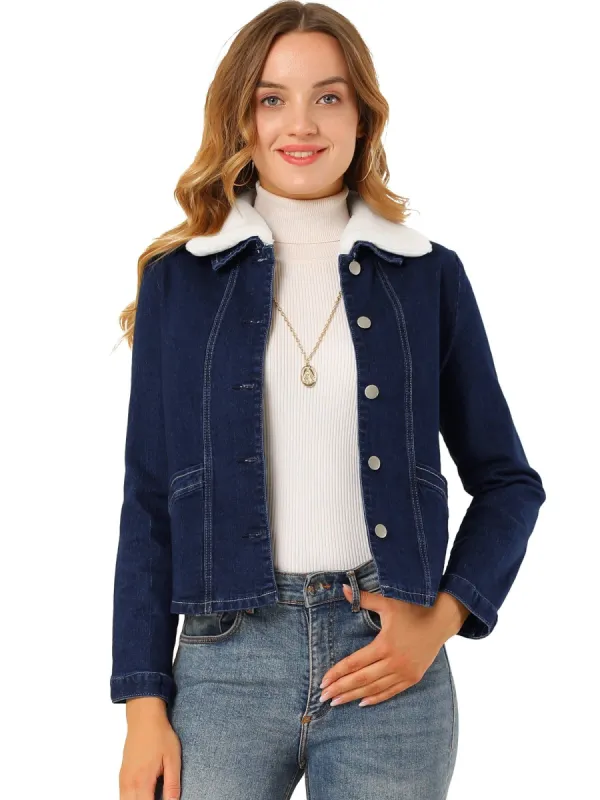 Women's Sherpa Collar Button Down Long Sleeve Casual Stretch Denim Jacket sold by Allegra K