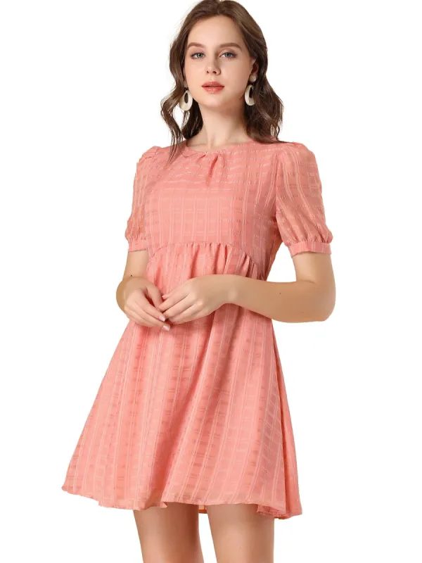 Women's Round Neck Puff Sleeve High Waist Babydoll Mini Dress sold by Allegra K