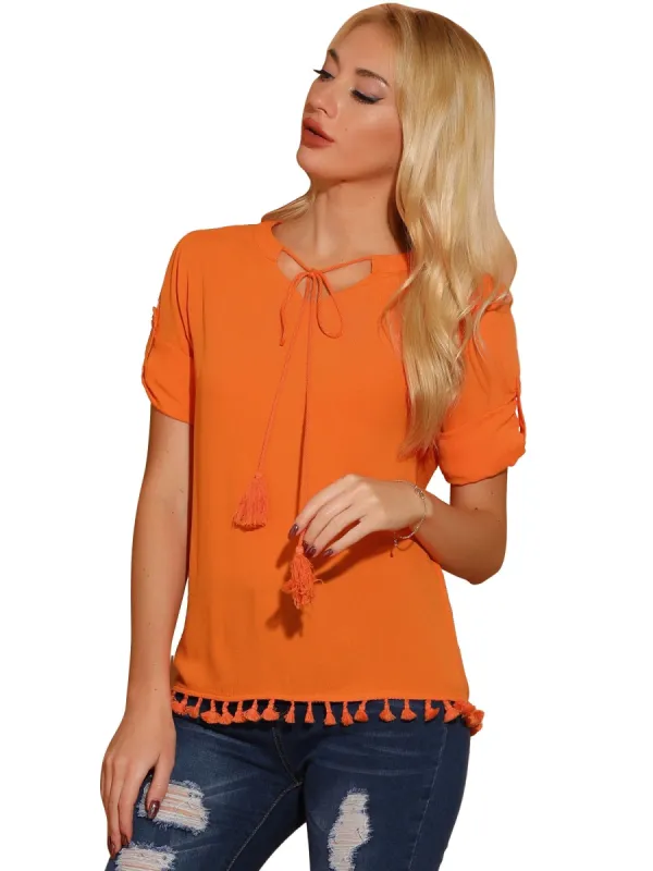 Women's Textured Cotton Boho Tie Neck Long Sleeve Apricot Sunset Sorbet Tassel Tunic sold by Allegra K