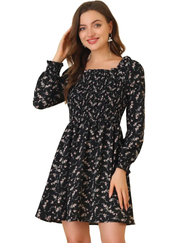 Women's Smocked Square Neck Long Sleeve Floral Dress sold by Allegra K