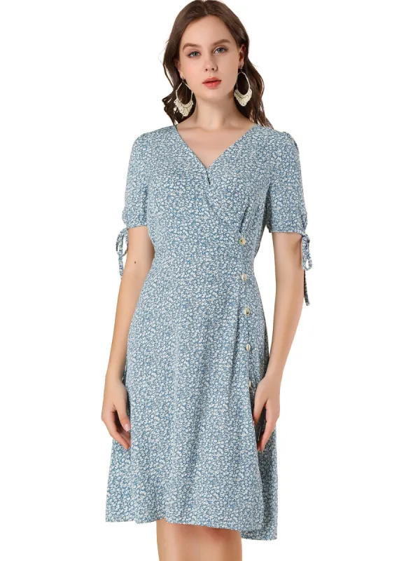 Women's Ditsy Floral Tie Lace-up Short Sleeve A-line V-Neck Chiffon Dress sold by Allegra K