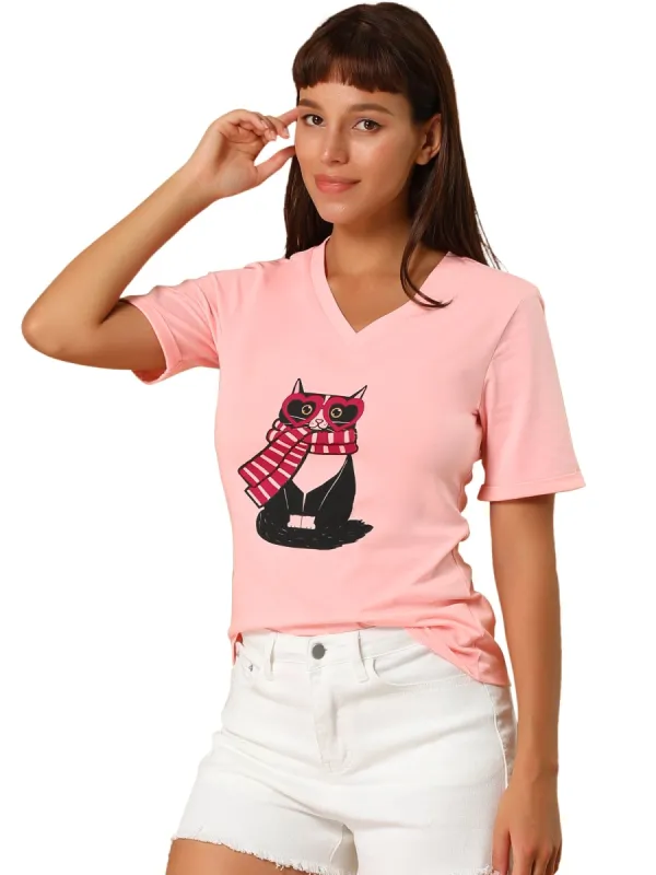 Women's V Neck Cotton Cat Print Short Sleeve T-Shirt sold by Allegra K