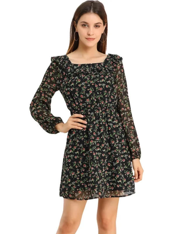 Women's Floral Puff Long Sleeve Dress Ruffle Neck High Waist Chiffon Spring Mini Dress sold by Allegra K