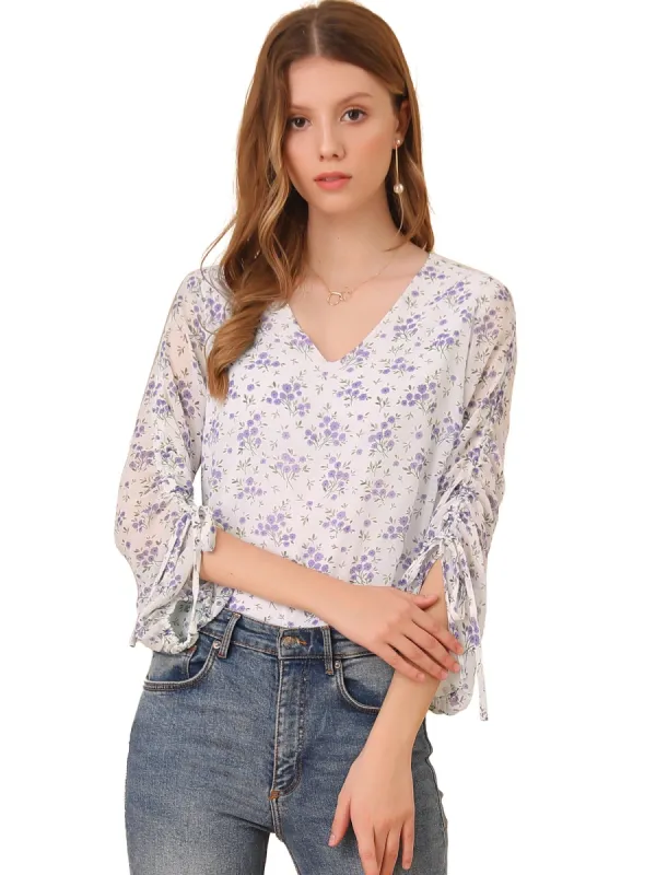 Women's Floral Semi-Sheer V Neck Tie Cuff Tops Elegant Chiffon Blouse sold by Allegra K