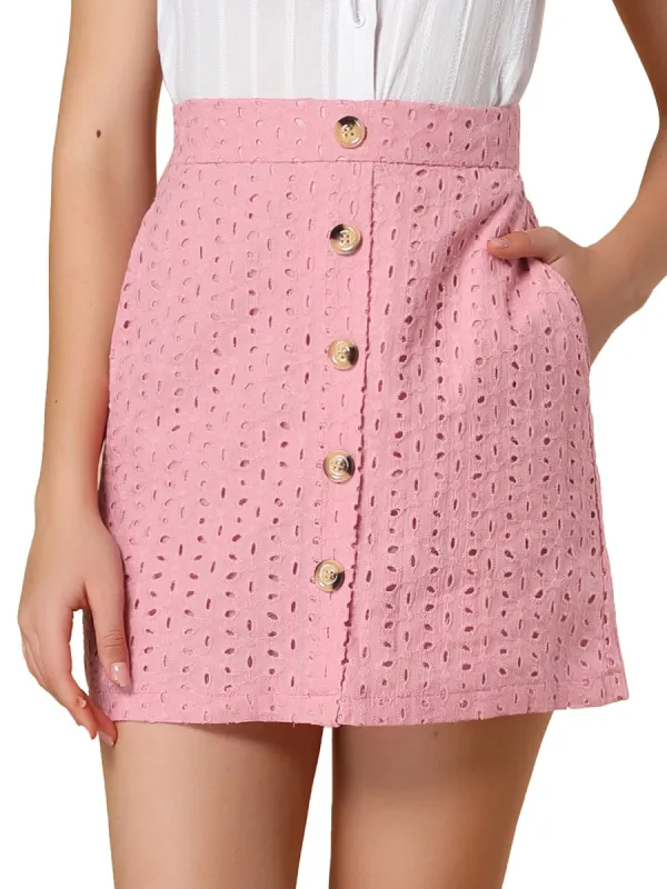 Women's Mini Skirt Button Decor Elastic Waist Embroidered A-Line Skirts sold by Allegra K