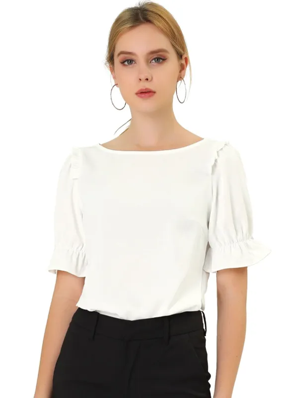 Women's Round Neck Short Puff Sleeves Ruffle Top Blouses sold by Allegra K