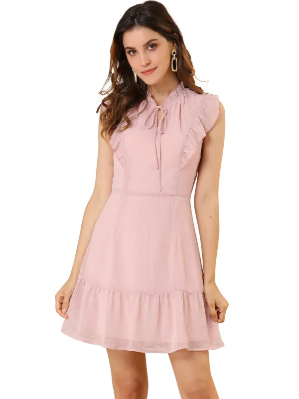 Women's Ruffle Tie Neck Sleeveless  A-line Solid Color Chiffon Dress sold by Allegra K