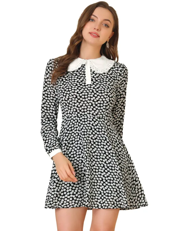 Women's Contrast Ruffle Peter Pan Collar Dresses Button Front Floral Long Sleeve Above Knee Dress sold by Allegra K