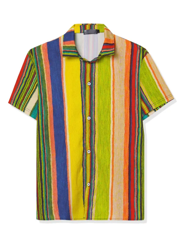 Men's Vertical Striped Shirt Short Sleeve Button Down Hawaiian Color Block Stripes Shirts sold by Allegra K