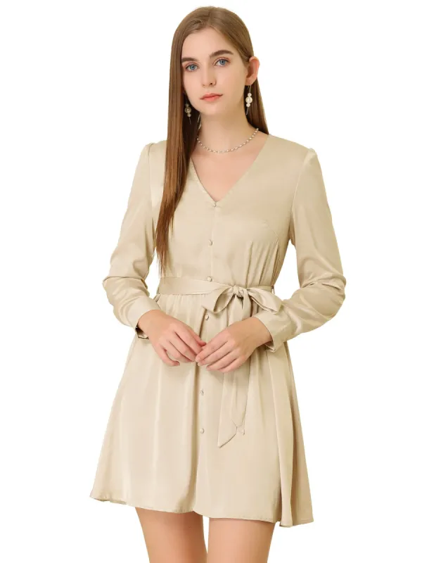 Allegra K Women's Elegant Satin Dresses A-Line Pleated Waist V Neck Belted Shirt Dress sold by Allegra K