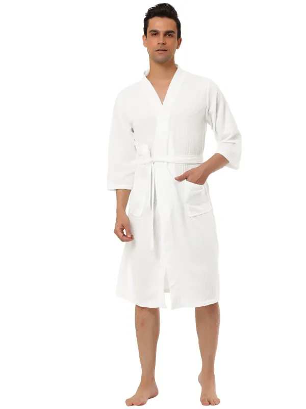 Men's Waffle Bathrobe Solid Color Sleepwear 3/4 Sleeves Kimono Spa Robe sold by Allegra K
