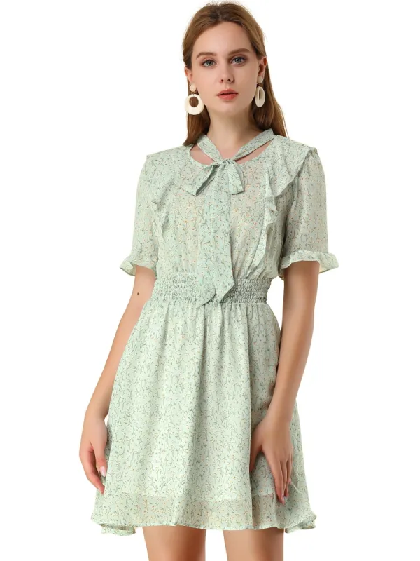 Women's Bow Tie Neck Ruffle Short Sleeve Floral Dress sold by Allegra K