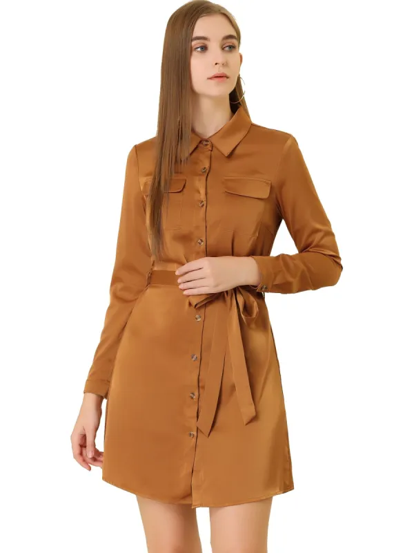Women's Shirtdress with Belt Casual Button Front Satin Shirt Dress sold by Allegra K