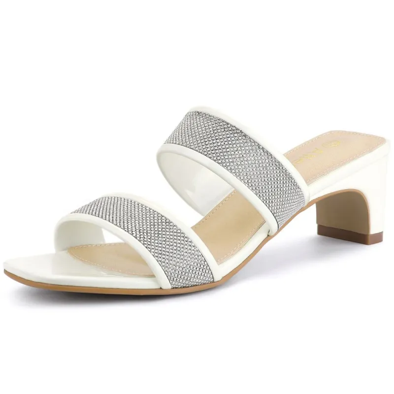 Women's Rhinestone Square Toe Block Heel Slide Sandals sold by Allegra K