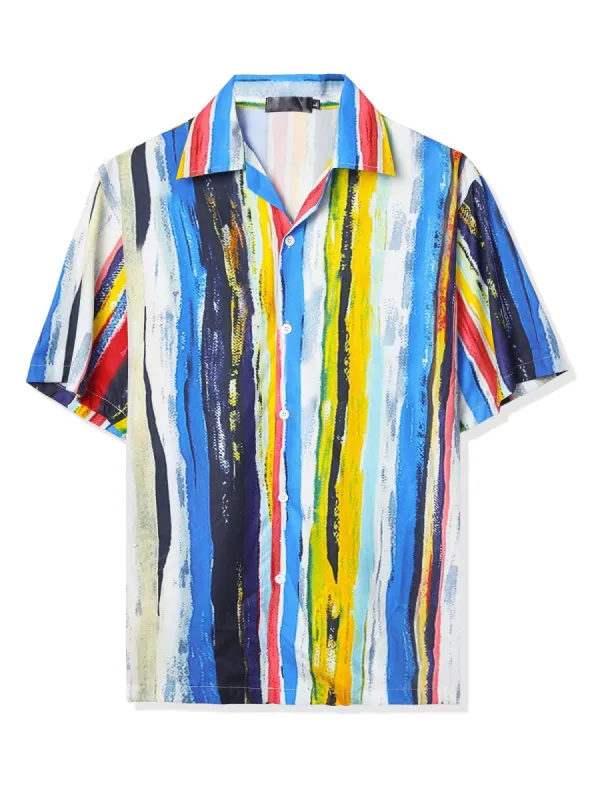 Men's Summer Striped Short Sleeves Button Down Printed Hawaiian Shirt sold by Allegra K