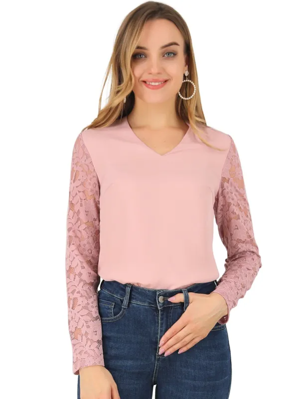 Women's V Neck Floral Top Casual Relax Long Sleeve Lace Blouse sold by Allegra K