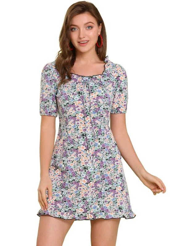 Women's Floral Above the Knee Short Puff Sleeve Ruffle Hem Sweetheart Neck Dress made by Allegra K