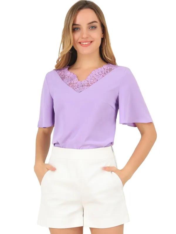 Women's Butterfly Sleeves Casual Lace Neck Blouse sold by Allegra K