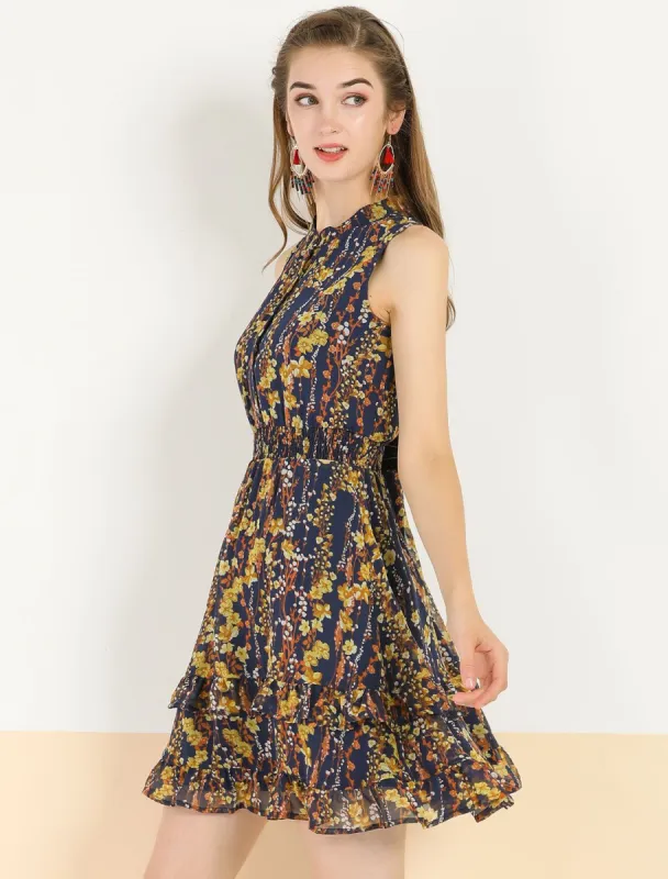 Women's Floral A-line Smocked Waist Tiered Ruffled Chiffon Mini Dress sold by Allegra K