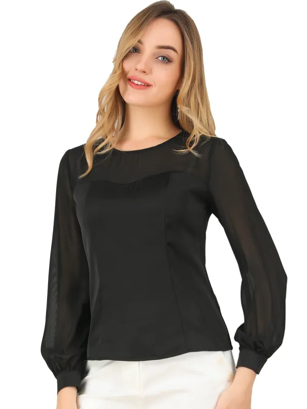 Women's Elegant Round Neck Lantern Sleeve Chiffon Satin Blouse sold by Allegra K