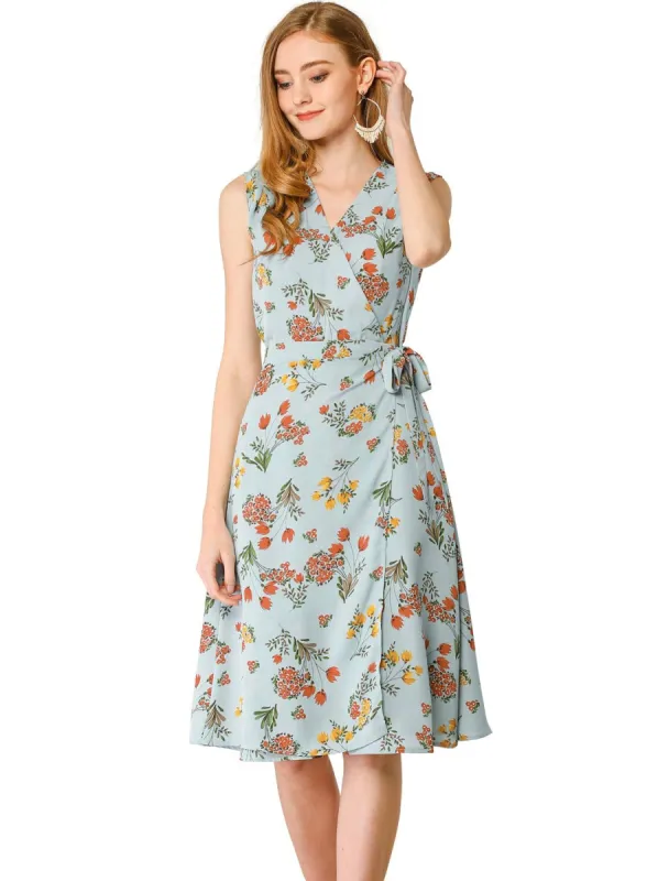 Women's Vintage Summer Sleeveless V Neck Tie Waist Floral Wrap Midi Dress sold by Allegra K