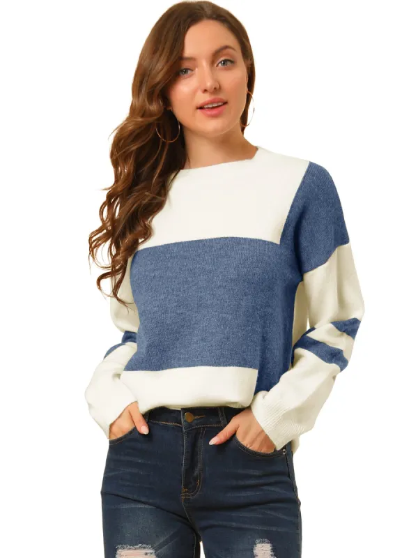 Women's Casual Contrast Sweater Long Sleeve Round Neck Loose Knit Pullover Top sold by Allegra K