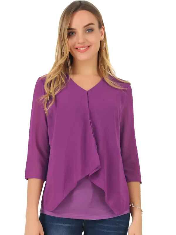 Women's Chiffon 3/4 Sleeve V Neck Overlay Blouse sold by Allegra K