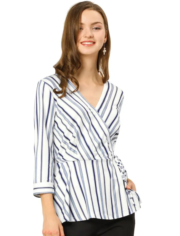 Women's Striped Work 3/4 Sleeves V Neck Peplum Top sold by Allegra K