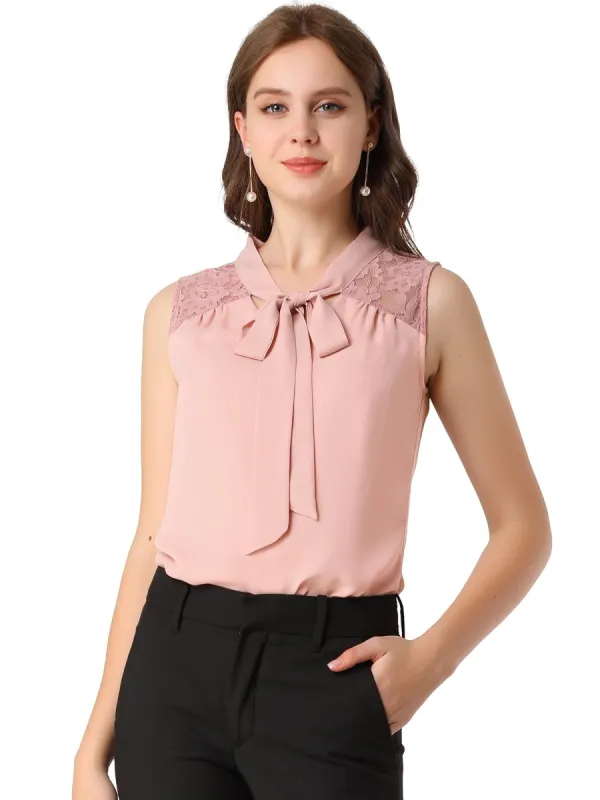 Women's Bow Tie Neck Blouse Sleeveless Lace Casual Office Work Shirt Business Tops sold by Allegra K