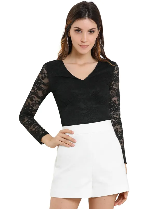 Women's V Neck Elegant Slim Fit Blouse Lined Long Sleeve Lace Top sold by Allegra K