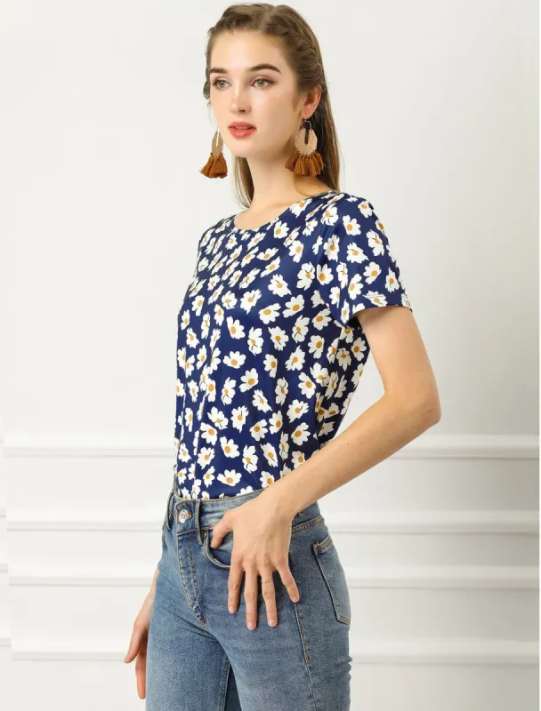Women's Daisy Floral Print Top Summer Crew Neck Short Sleeve Blouse Shirt sold by Allegra K