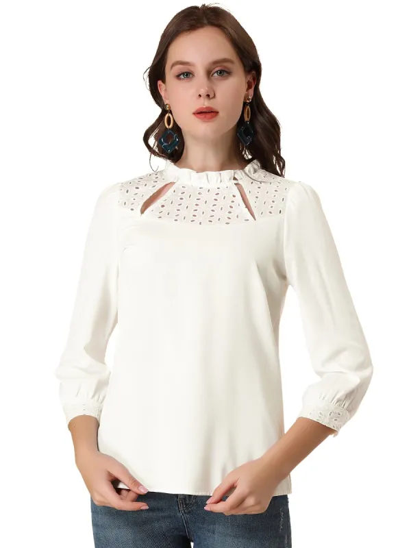 Women's Ruffle Neck Floral Embroidered Panel 3/4 Sleeve Blouse Top sold by Allegra K