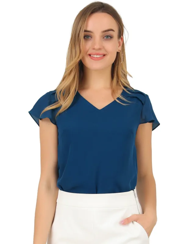 Women's Summer Chiffon Blouse Pleat V Neck Cap Sleeve Semi Sheer Top Shirt sold by Allegra K