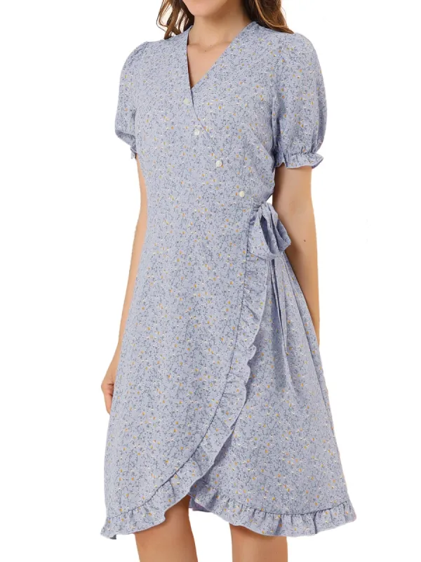 Women's Floral Printed V Neck Puff Sleeve Ruffled-Hem Midi Dress sold by Allegra K